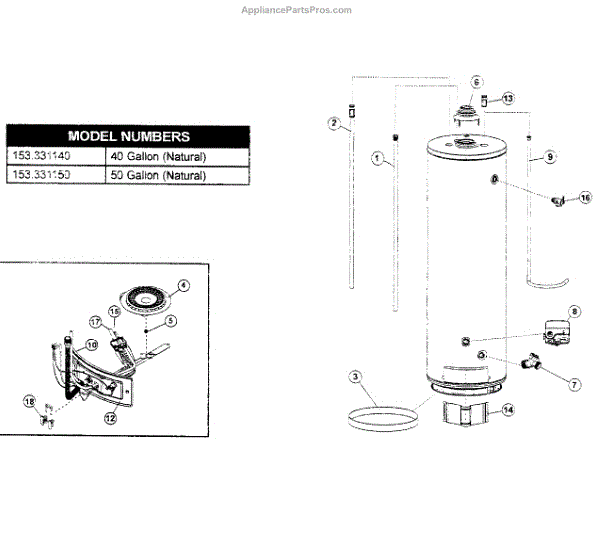 Parts for Kenmore 153.331150 (153331150, 153 331150): Water Heater