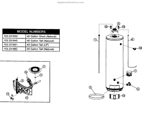 Parts for Kenmore 153.331882 (153331882, 153 331882): Water Heater ...