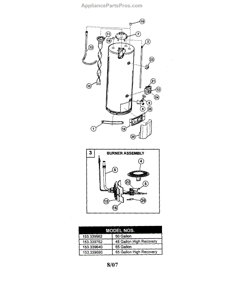 Parts For Kenmore 153.339562 (153339562, 153 339562): Water Heater 