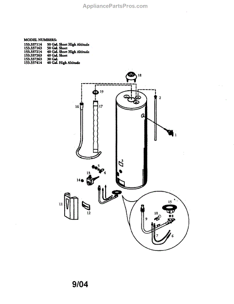 Parts for Kenmore 153.337363 (153337363, 153 337363): Gas Water Heater ...