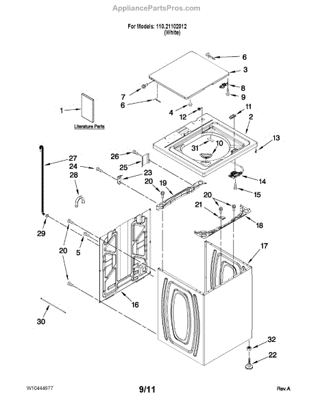 Parts for Kenmore 110.21102012 (11021102012, 110 21102012): Top and ...