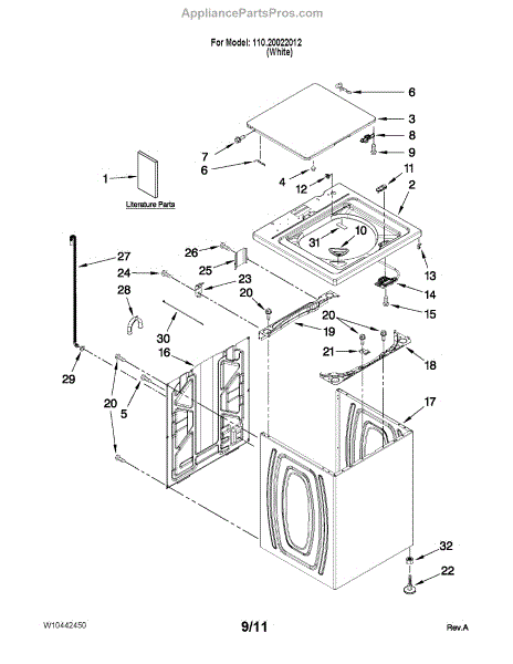 Parts for Kenmore 110.20022012 (11020022012, 110 20022012): Top and ...