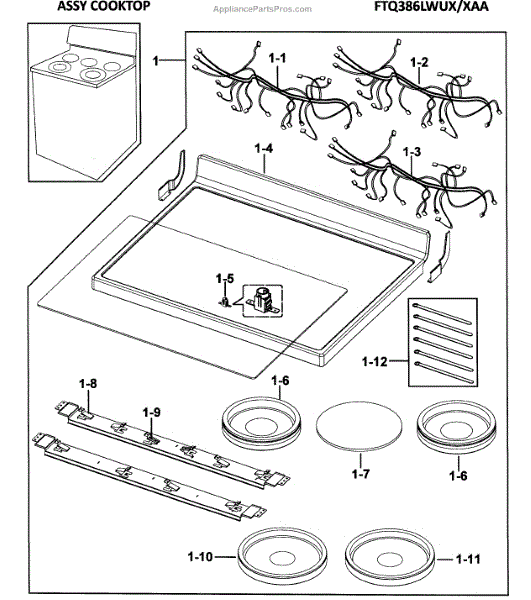 Parts for Samsung FTQ386LWUX/XAA Electric Range Cooktop Assy Parts