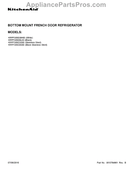 Parts for KitchenAid KRFF305ESS00: Cover Sheet Parts