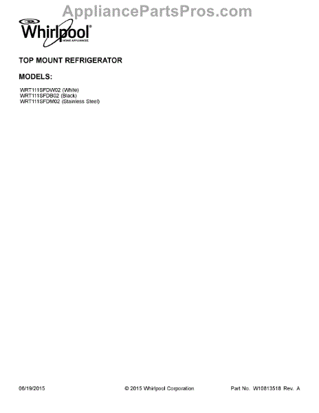 Parts for Whirlpool WRT111SFDM02: Cover Sheet Parts