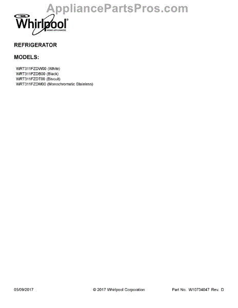 Parts for Whirlpool WRT311FZDW00: Cover Sheet Parts