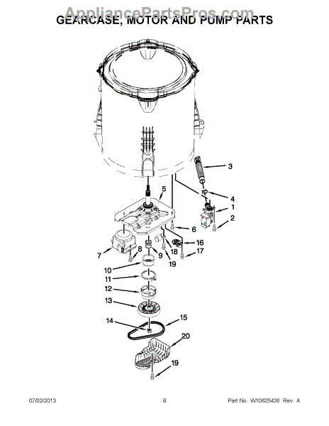 Parts for Whirlpool WTW5800BW0: Gearcase, Motor and Pump Parts ...